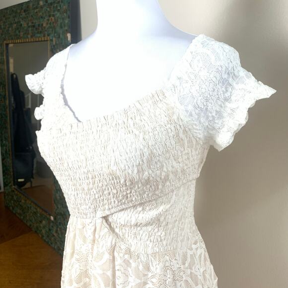 Aakaa Sz S Lace Smocked Dress Cream Ivory Short Sleeve Long Wedding Bridal - Picture 7 of 15